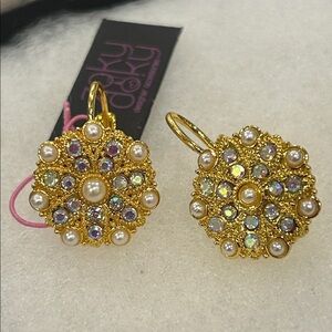 Aurora Borealis & Seed Pearl Gold Shield Eurowire Earrings-NWT